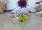 1ct Engagement Ring Pear Cut Green Peridot Accents Solitaire 14k YellowGold Over