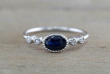 1.4ct Oval Cut Blue Sapphire Engagement Ring East West 14k White Gold Finish