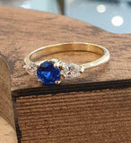 1ct Round Blue Sapphire Engagement Ring Pear Accent Trilogy 14k Yellow Gold Over