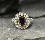 2.7ct Oval Cut Red Garnet Vintage Inspired Halo Ring 14k White Gold Finish