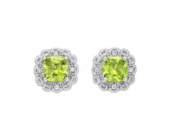 2ct Cushion Simulated Peridot Milgrain Halo Stud Earrings 14k White Gold Plated