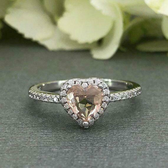 1.5ct Heart Peach Morganite Halo Solitaire Engagement Ring 14k White Gold Over