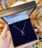 2ct Cushion Cut Blue Sapphire Solitaire Pendant with Chain 14k White Gold Finish