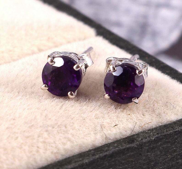 1.5ct Stud Earrings Round Cut Purple Amethyst Solitaire 14k White Gold Finish