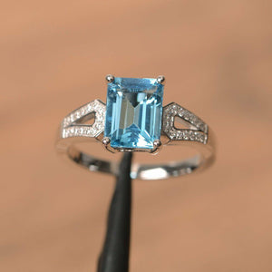 2ct Emerald Cut Blue Aquamarine Split Shank Engagement Ring 14k WhiteGold Finish