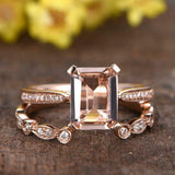 1.5ct Emerald Cut Peach Morganite Bridal Set Open Style Band 14k RoseGold Finish