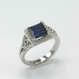 2.2ct Princess Cut Blue Sapphire Halo Celtic Trinity Ring 14k White Gold Finish