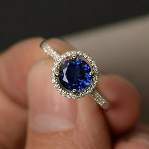 1.2ct Round Cut Blue Sapphire Engagement Ring 14k White Gold Finish Halo Women