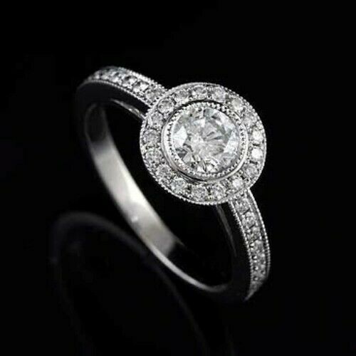 3Ct Round Cut Diamond Vintage Milgrain Halo Engagement Ring 14K White Gold Over