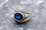 2ct Engagement Ring Oval Blue Sapphire Vintage Inspired Wide 14k White Gold Over