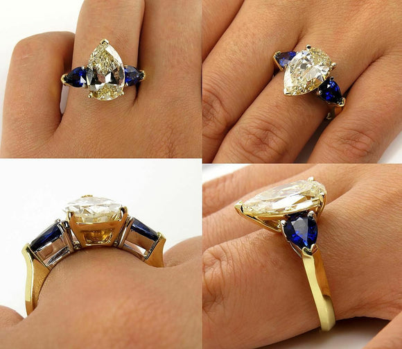 5Ct Pear Cut Yellow Blue Sapphire Trilogy Engagement Ring 14K Dual Gold Finish