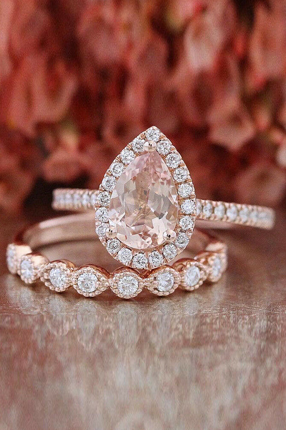 3Ct Pear Cut Morganite Bridal Set Vintage Band Halo Ring 14K Rose Gold Finish