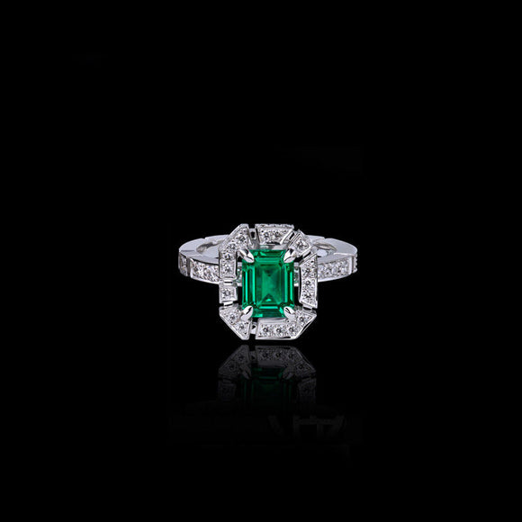 2.3ct Green Emerald Diamond Accent Halo Engagement Ring 14k White Gold Finish