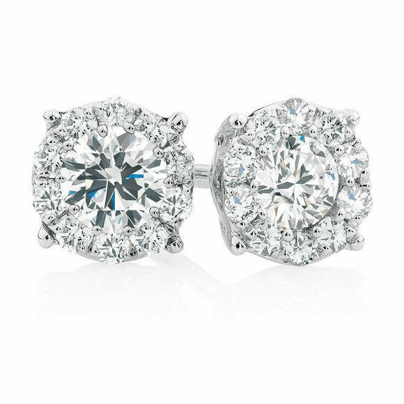 1.5ct Round Cut VVS1D Diamond Halo Style Stud Earrings 14k White Gold Finish