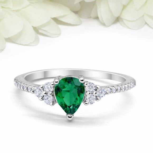 3Ct Pear Cut Green Emerald Diamond Accents Engagement Ring 14K White Gold Finish