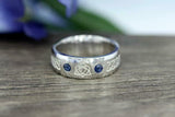 0.2ct Round Cut Blue Sapphire Wedding Band Celtic Design 14k White Gold Finish