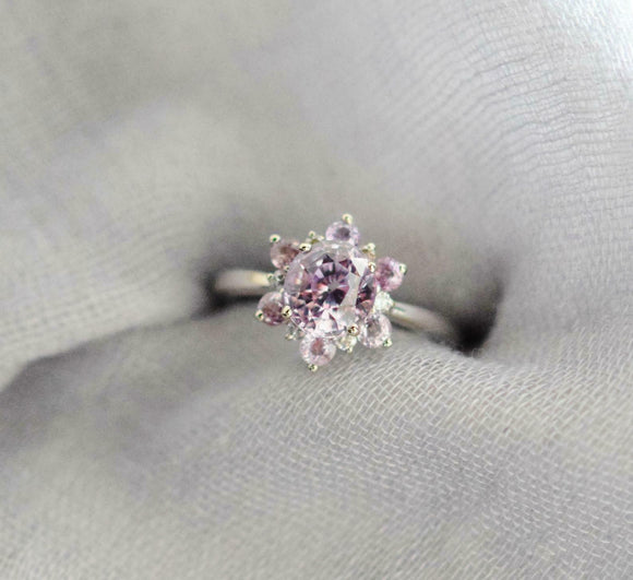 1ct Engagement Ring Round Cut Pink Sapphire Floral Solitaire 14k White Gold Over