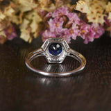 2ct Round Blue Sapphire Hexagon Diamond Halo Engagement Ring 14k White Gold Over