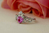 1ct Heart Cut Pink Sapphire Engagement Ring Double Knot Crown 14k WhiteGold Over