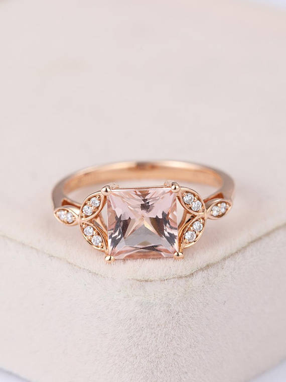 1.7ct Princess Peach Morganite Diamond Floral Engagement Ring 14k Rose Gold Over