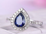 1.9ct Pear Cut Blue Sapphire Engagement Ring Diamond Halo 14k White Gold Finish