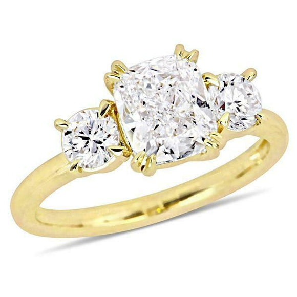 2Ct Cushion Cut Diamond Round Accent Trilogy Solitaire Ring 14K Yellow Gold Over