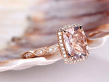 1ct Cushion Peach Morganite Art Deco Milgrain Engagement Ring 14k Rose Gold Over