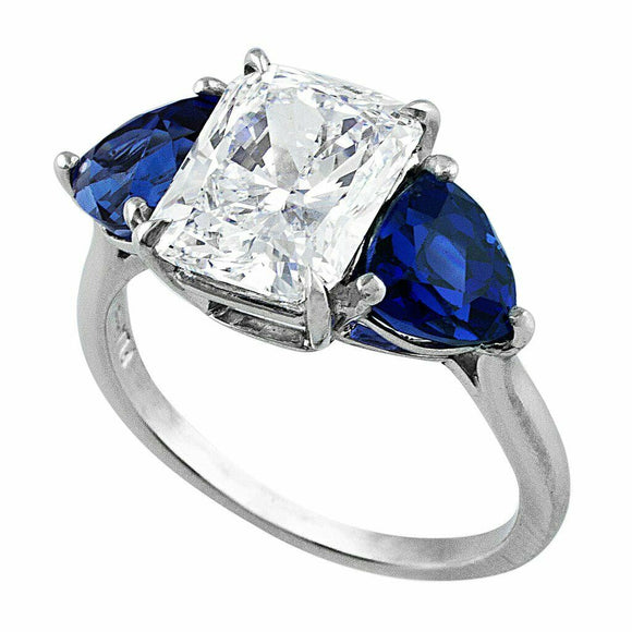 3Ct Radiant Cut Diamond Three Stone Ring 14K White Gold Finish Sapphire Accents