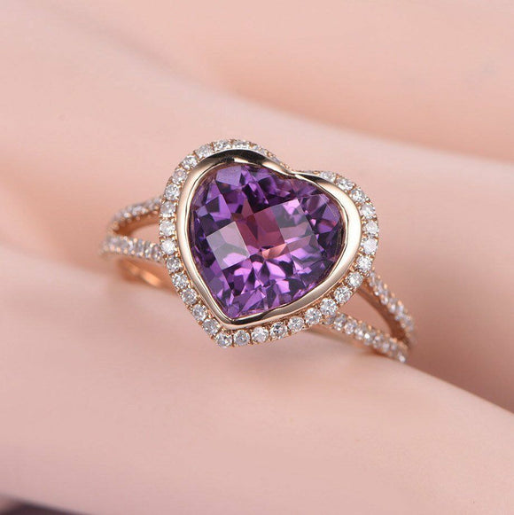 1.8ct Heart Cut Purple Amethyst Split Shank Engagement Ring 14k Rose Gold Finish