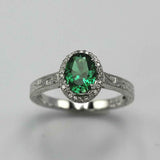 2.2ct Oval Cut Green Emerald Engagement Ring Vintage Halo 14k White Gold Finish