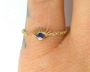 0.3ct Round Cut Blue Sapphire Evil Eye Chain Engagement Ring 14k YellowGold Over