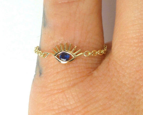 0.3ct Round Cut Blue Sapphire Evil Eye Chain Engagement Ring 14k YellowGold Over