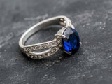 1.6ct Engagement Ring Oval Cut Blue Sapphire Split Shank 14k White Gold Finish