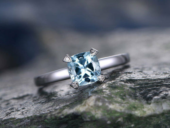 0.6Ct Cushion Cut Blue Aquamarine Solitaire Engagement Ring 14K White Gold Over