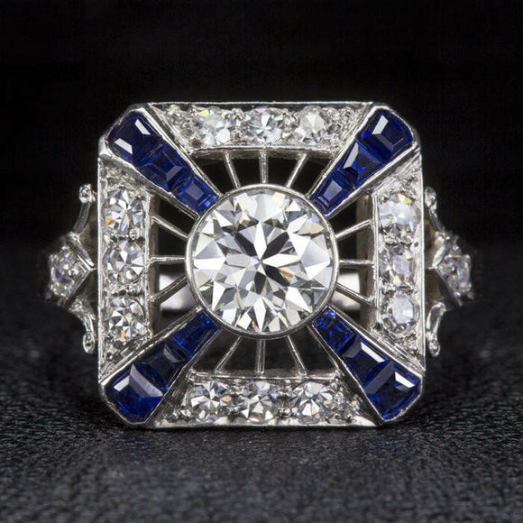 4Ct Round Cut Diamond Art Deco Ring 18K White Gold Finish Blue Sapphire Accents