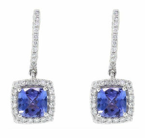 1.5ct Cushion Cut Blue Sapphire Halo Accent Drop Earrings 14k White Gold Finish