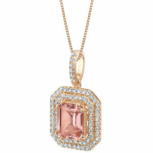 3Ct Emerald Cut Peach Morganite Dual Halo Diamond Pendant 14K Rose Gold Finish