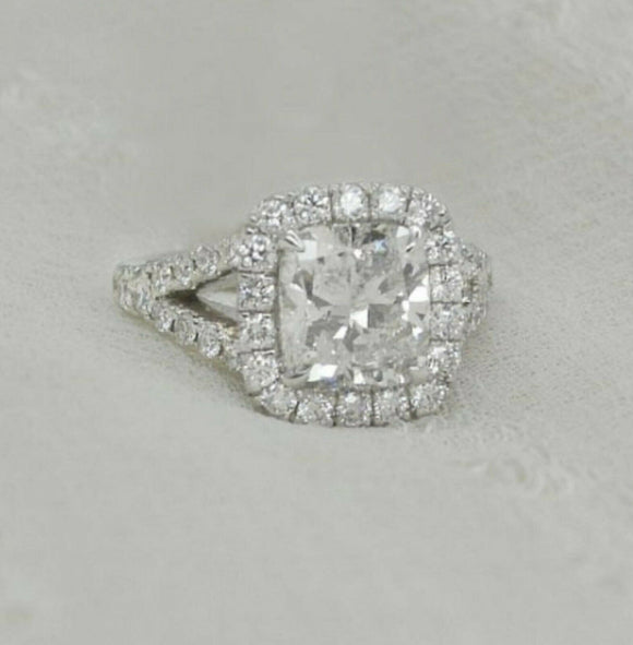 1.9ct Cushion Cut Diamond Engagement Ring Halo Split Shank 14k White Gold Finish