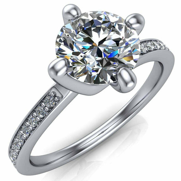 2.85ct Round Cut Diamond 4 Prong Solitaire with Accent Ring 14k WhiteGold Finish