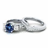 3.3ct Round Cut Blue Sapphire Bridal Set Trilogy Ring Band 14k White Gold Finish