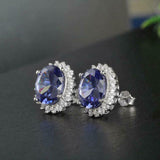 2.9ct Stud Earrings Oval Cut Blue Sapphire Floral Cocktail 14k White Gold Finish