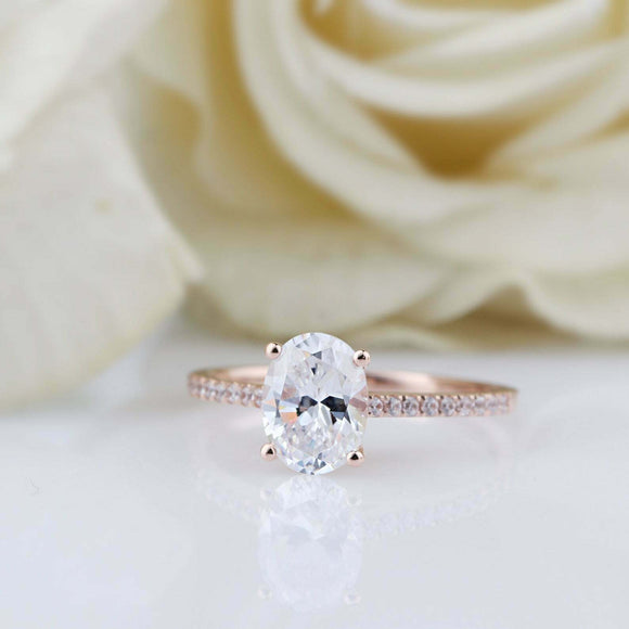 1.6ct Oval Cut Diamond Engagement Ring Solitaire with Accents 14k Rose Gold Over