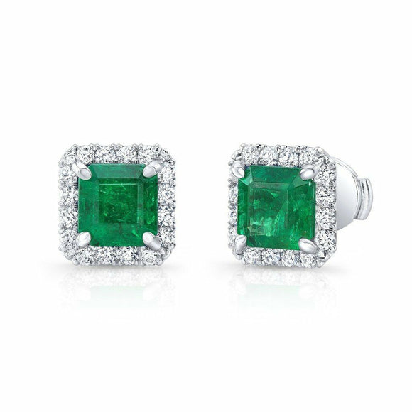 2Ct Asscher Cut Green Emerald Diamond Halo Stud Earrings 14K White Gold Finish