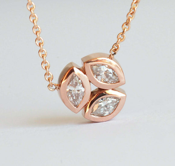 1ct Marquise Cut Diamond Trilogy Minimal Pendant with Chain 14k Rose Gold Finish