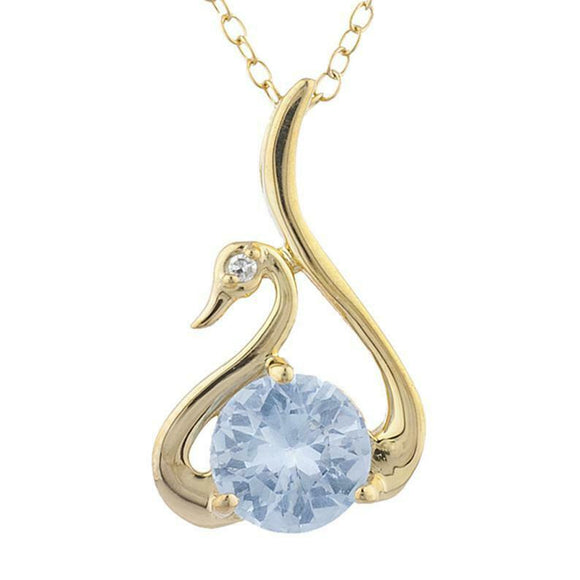 1ct Blue Aquamarine Pendant with Chain Round Cut Swan Design 14k YellowGold Over