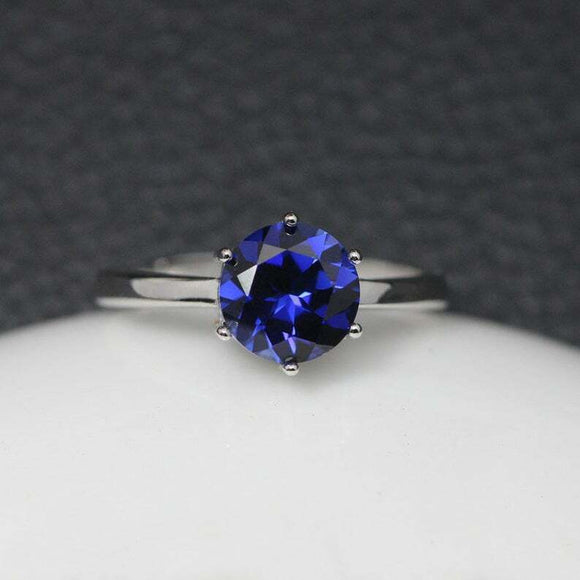 2ct Round Cut Blue Sapphire Engagement Ring 6 Prong Solitaire 14k WhiteGold Over