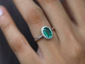 2ct Oval Cut Green Emerald Diamond Halo Solitaire Ring 14k White Gold Finish