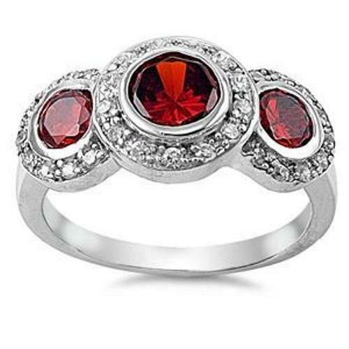 3Ct Round Cut Red Garnet Diamond Halo Trilogy Engagement Ring 14K WhiteGold Over