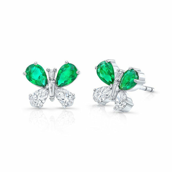 4Ct Pear Cut Green Emerald Diamond Butterfly Stud Earrings 14K White Gold Finish