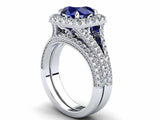 3ct Round Cut Blue Sapphire Split Shank Halo Bridal Set Ring 14k White Gold Over